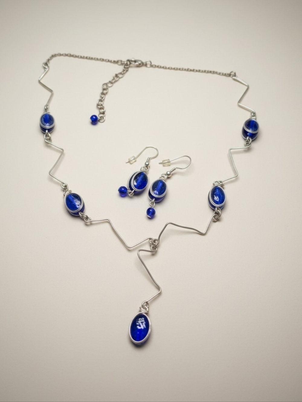 Silver Tone Blue Oval Glass Lapis Link Station Necklace w/ Matching Earrings